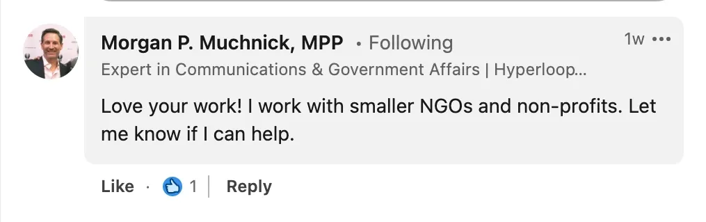 Beispiel für einen LinkedIn-Kommentar zu einem Beitrag, der NGOs Hilfe anbietet