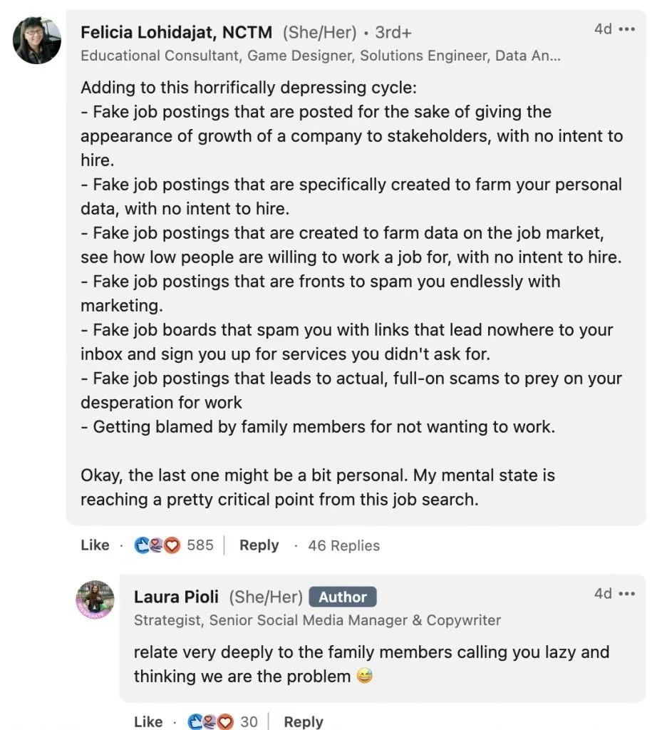 Beispiel für einen LinkedIn-Kommentar zu einem Beitrag über Schwierigkeiten bei der Stellensuche