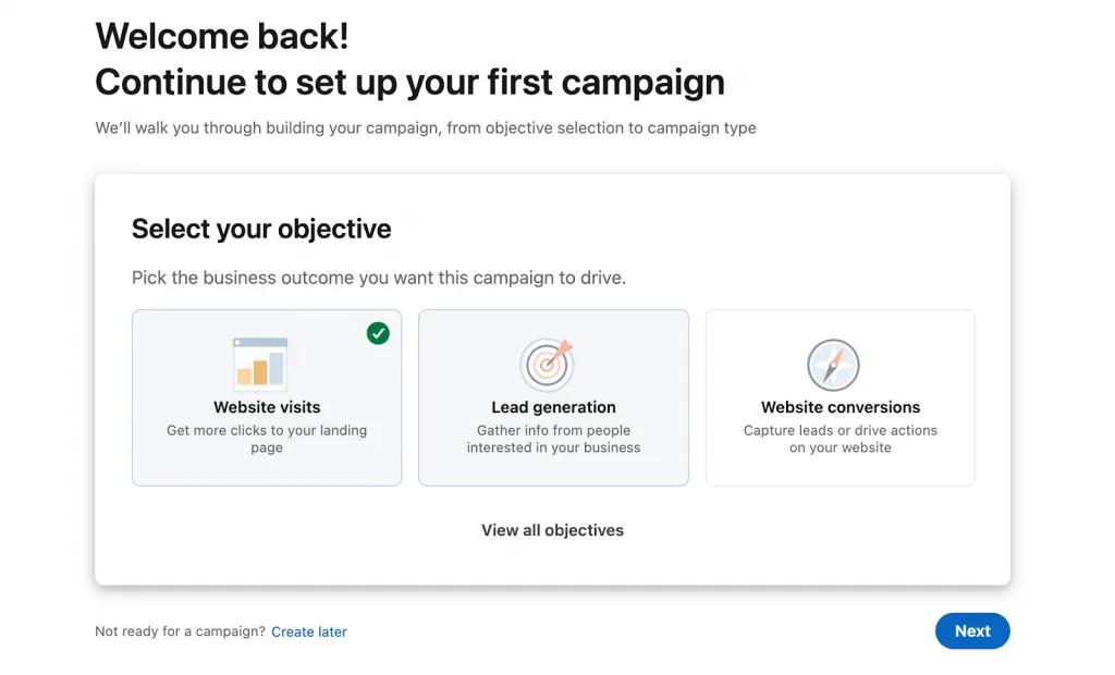 objetivo de visitas al sitio web para LinkedIn Conversation Ads