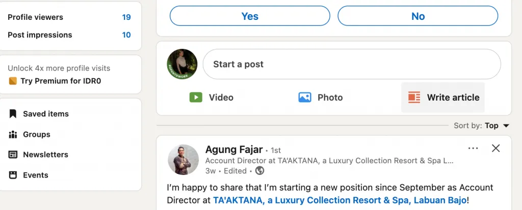 visualizaciones del perfil e impresiones de las funciones nativas de LinkedIn