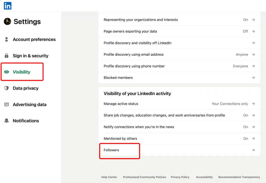 configuración de visibilidad en el panel Activity o Analytics