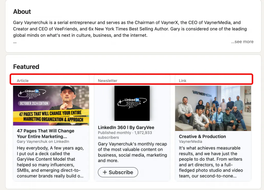 ejemplo de artículos en Featured del modo creador de LinkedIn