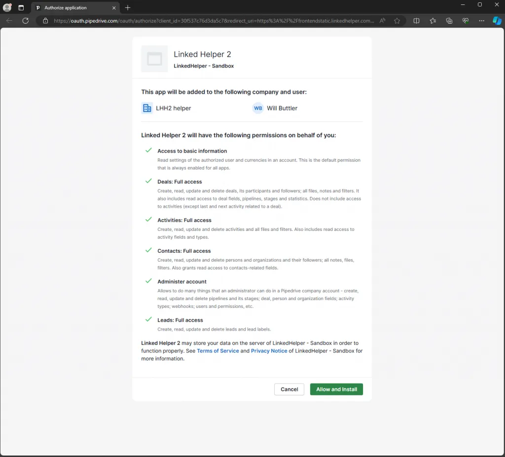 CRM-Systeme mit LinkedIn-Integration – Workflow-Beispiel für das Fenster zur Vergabe von Integrationsrechten