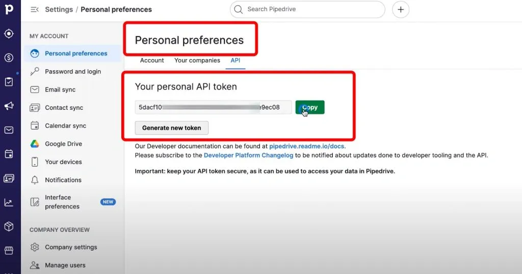 CRM-Systeme mit LinkedIn-Integration – Beispiel für das Kopieren des Tokens in Pipedrive