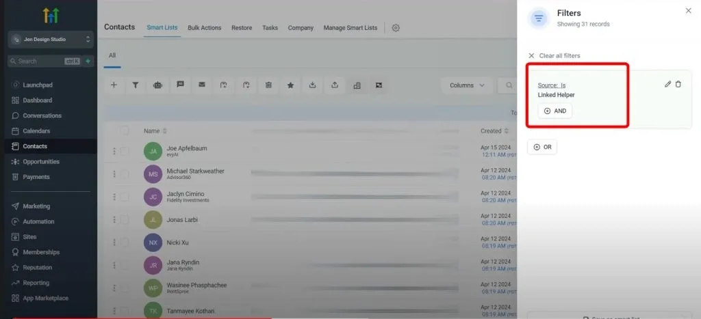 CRM-Systeme mit LinkedIn-Integration – Beispiel für die Filterung nach der Quelle Linked Helper