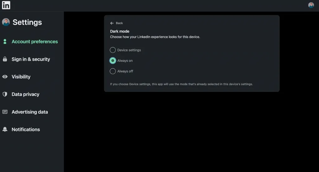 Choose between "Always on," "Always off," or "Device Settings."