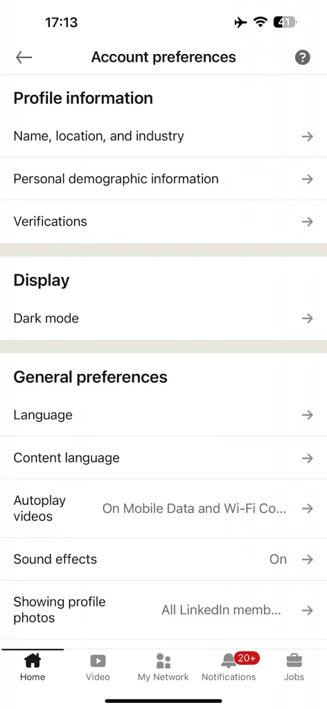 "Dark Mode" under the "Display" section.
