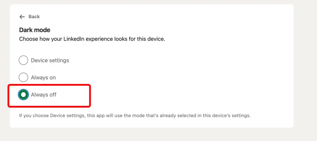 A settings menu in LinkedIn showing the option to turn off dark mode and switch back to the default light theme