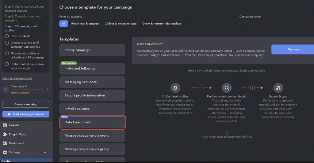 Sélection de l’action « Data Enrichment » dans Linked Helper pour exporter des données LinkedIn avec des adresses e-mail et des numéros de téléphone