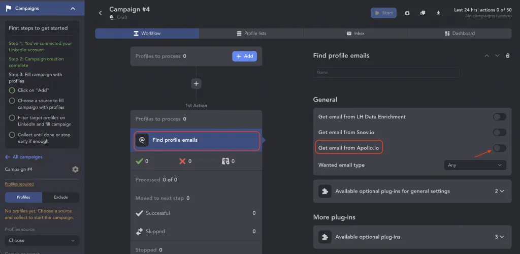 Paramètres de « Find Profile Emails » dans Linked Helper présentant Snov.io, Apollo.io et « LH Data Enrichment » comme sources d’adresses e-mail pour l’exportation LinkedIn