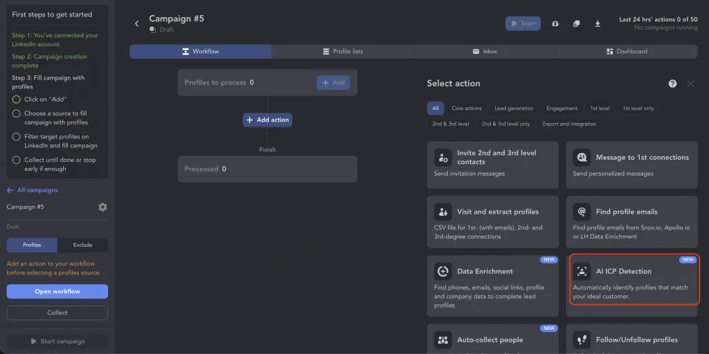 Action « AI ICP Detection » dans Linked Helper pour filtrer et préqualifier les profils LinkedIn avant d’exporter les données vers un CSV