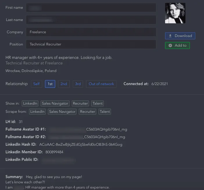 Tableau de bord du CRM permettant d’exporter les données LinkedIn
