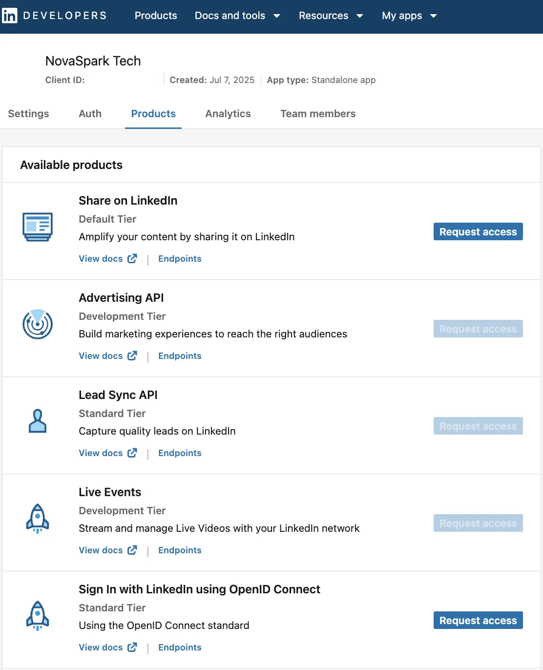 LinkedIn Developer Portal Dashboard