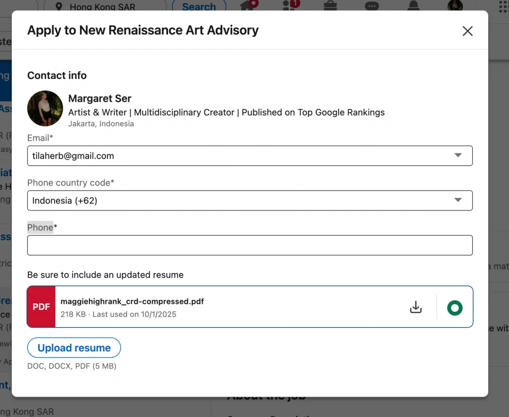 Ein kurzes Pop-up-Formular für LinkedIn Easy Apply erscheint