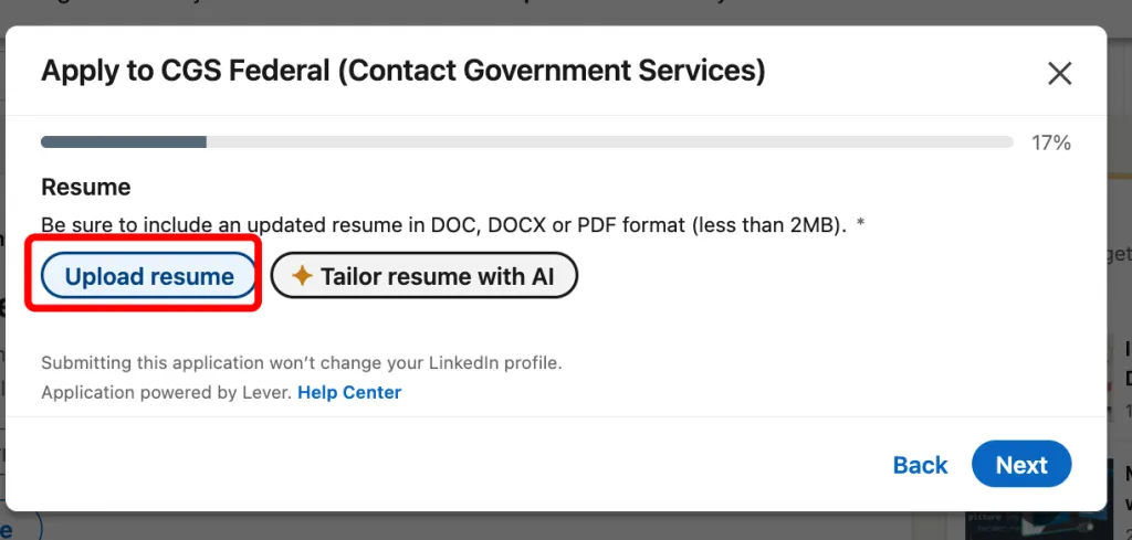 Beispiel für das Hochladen eines Lebenslaufs bei LinkedIn Easy Apply