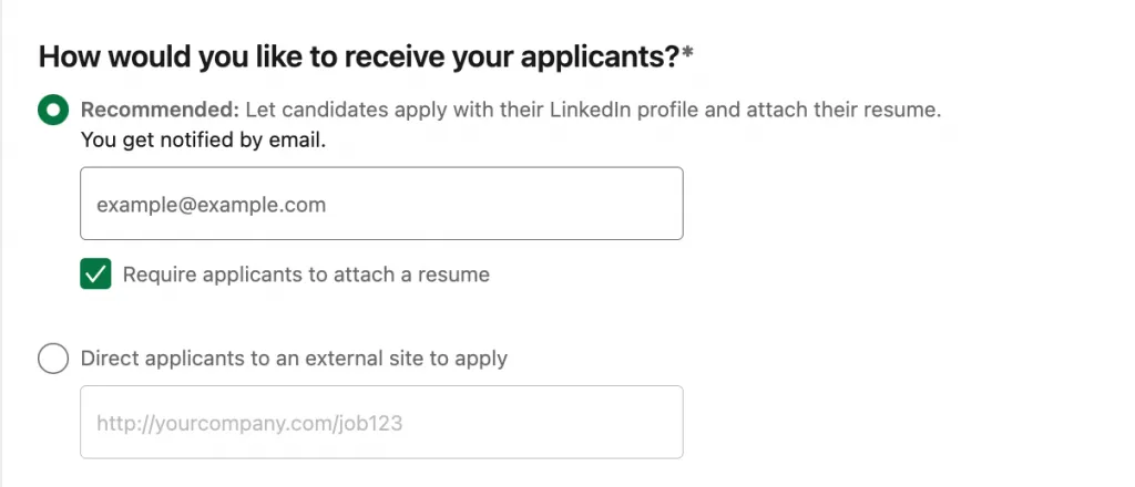 Bereich „How would you like to receive your applicants?“ beim Veröffentlichen einer Stelle mit Easy Apply