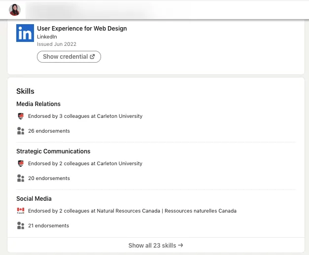 Beispiel für eine Übersicht der Kenntnisbestätigungen auf LinkedIn