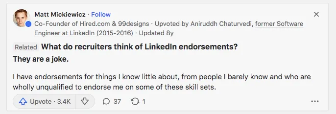 Antwort auf Quora zur Frage, ob Kenntnisbestätigungen für LinkedIn-Nutzer aussagekräftig sind