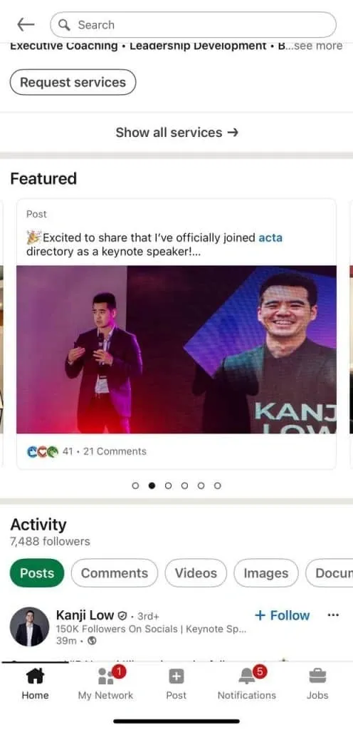 vista móvil de la sección Destacado de LinkedIn