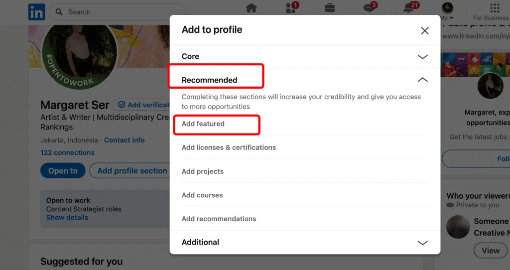 función recomendada en la parte superior del perfil de LinkedIn
