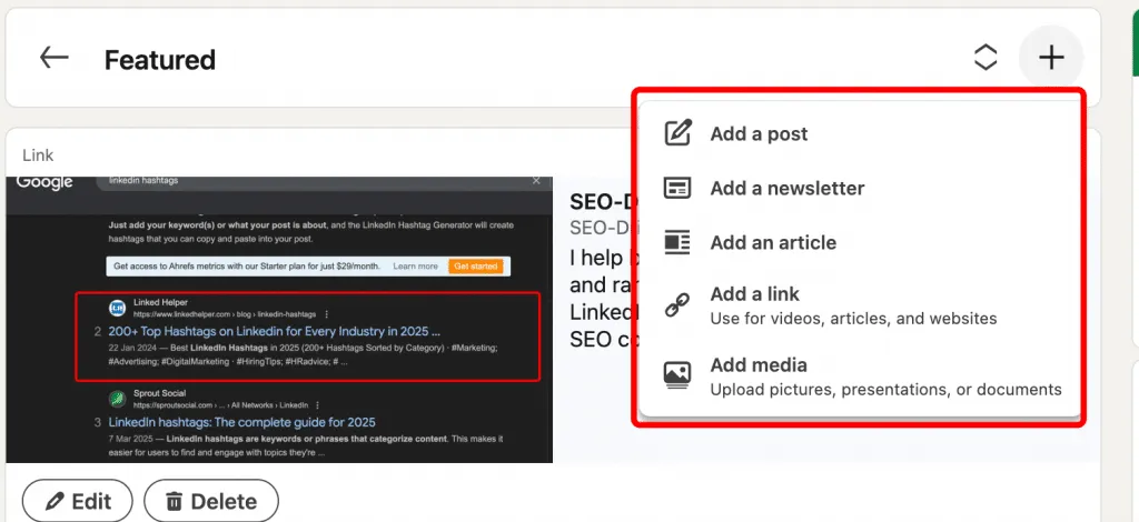 añadir contenido multimedia para empezar a usar la sección Destacado de LinkedIn