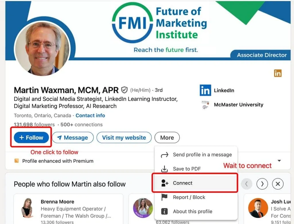 Screenshot eines LinkedIn-Profils zum Vergleich der Schaltflächen „Follow“ und „Connect“