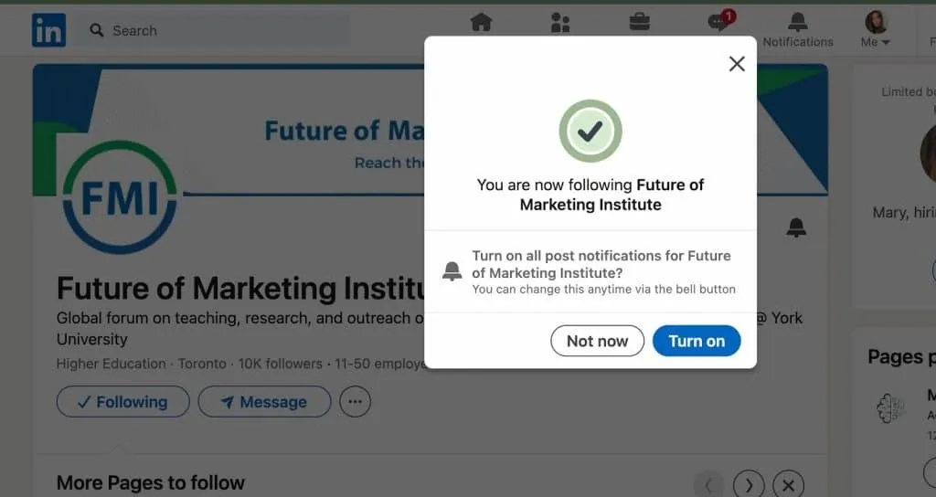 Beispiel für das Folgen einer LinkedIn-Unternehmensseite