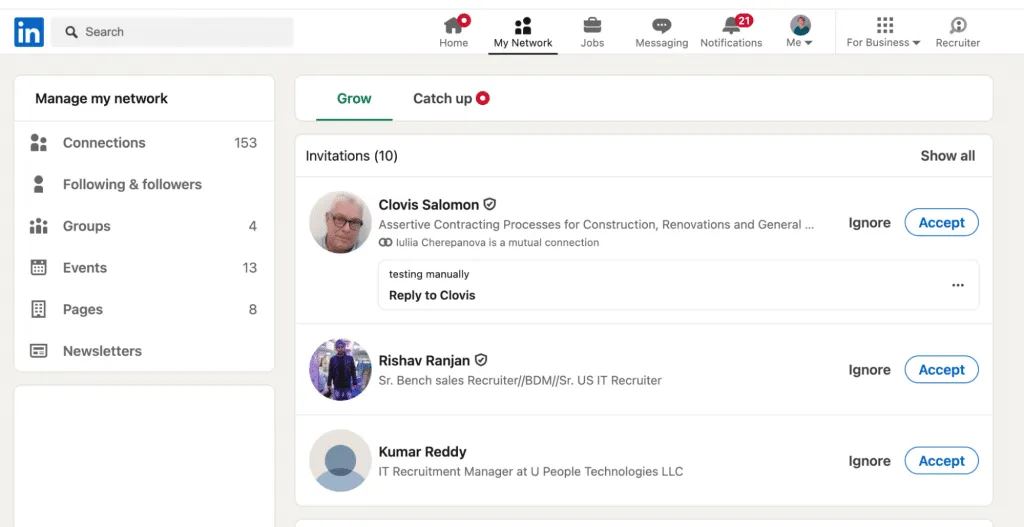Verwaltungsbereich „My Network“ auf LinkedIn