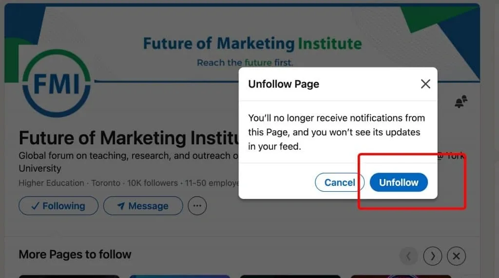 Einer LinkedIn-Unternehmensseite nicht mehr folgen
