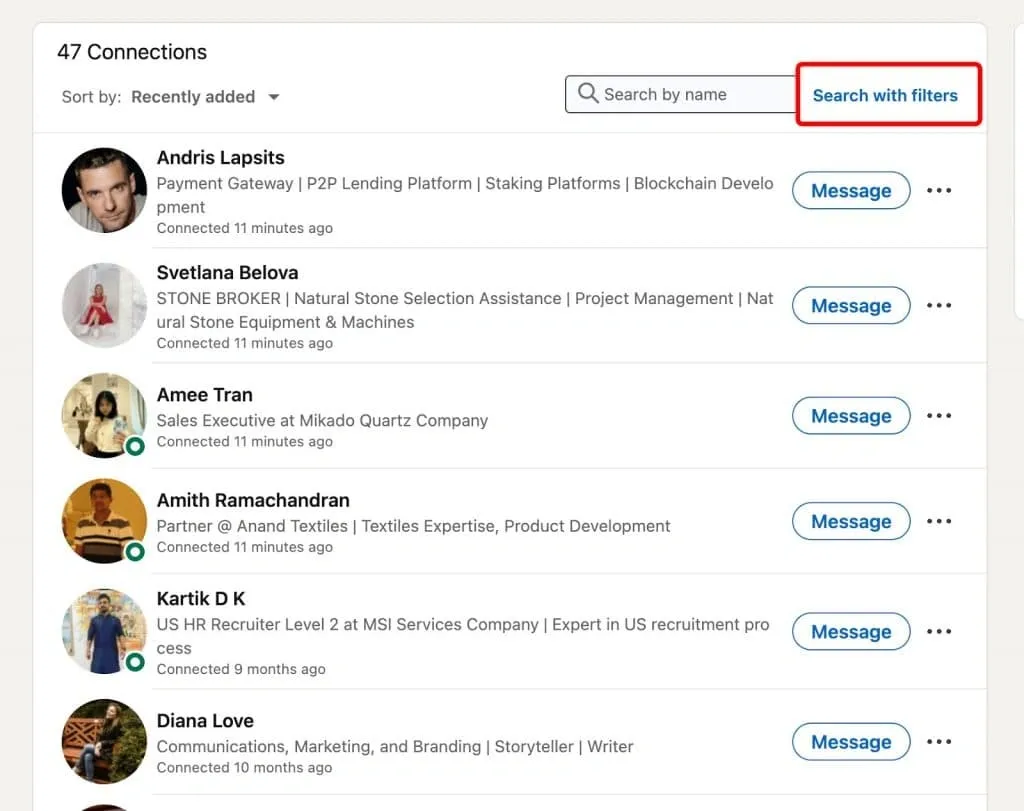 Suchfilter für LinkedIn-Kontakte