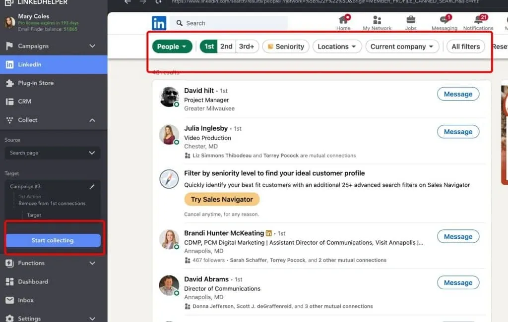 In Linked Helper erfasste LinkedIn-Profile