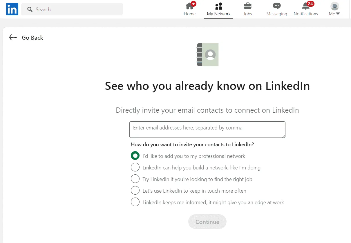 E-Mail-Adressen zur Einladung von Kontakten beim Networking auf LinkedIn eingeben