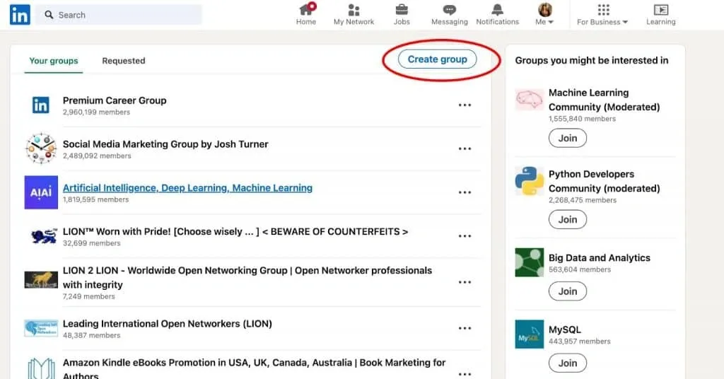 So erstellen Sie eine LinkedIn-Gruppe – Screenshot der Seite mit Ihren Gruppen