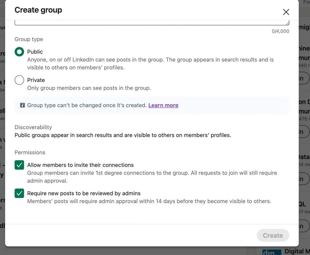 So erstellen Sie eine LinkedIn-Gruppe – Datenschutzeinstellungen