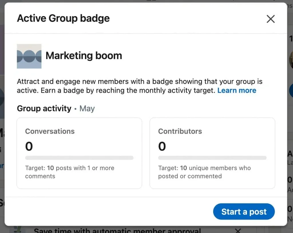 So erstellen Sie eine LinkedIn-Gruppe – „Active Group“-Abzeichen