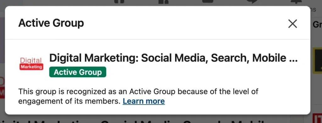 So erstellen Sie eine LinkedIn-Gruppe – Beispiel für das „Active Group“-Abzeichen in der Benutzeroberfläche