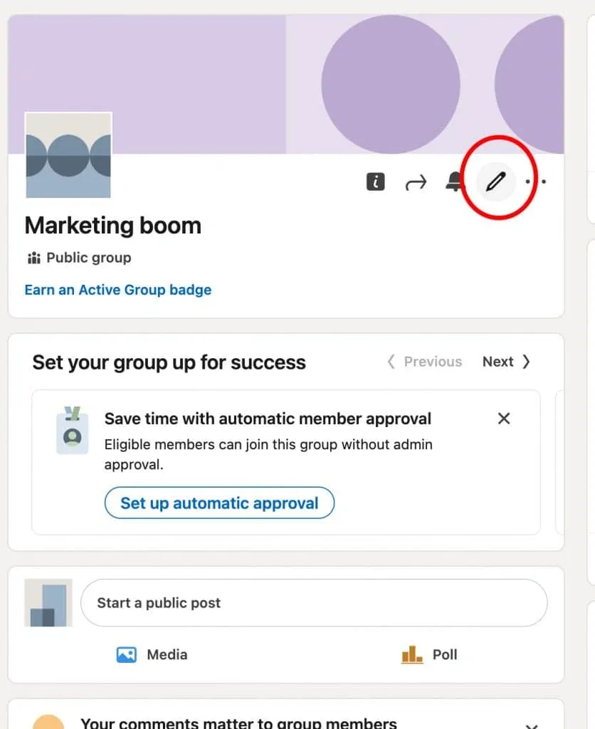 So löschen Sie eine LinkedIn-Gruppe – Screenshot des Bearbeitungssymbols