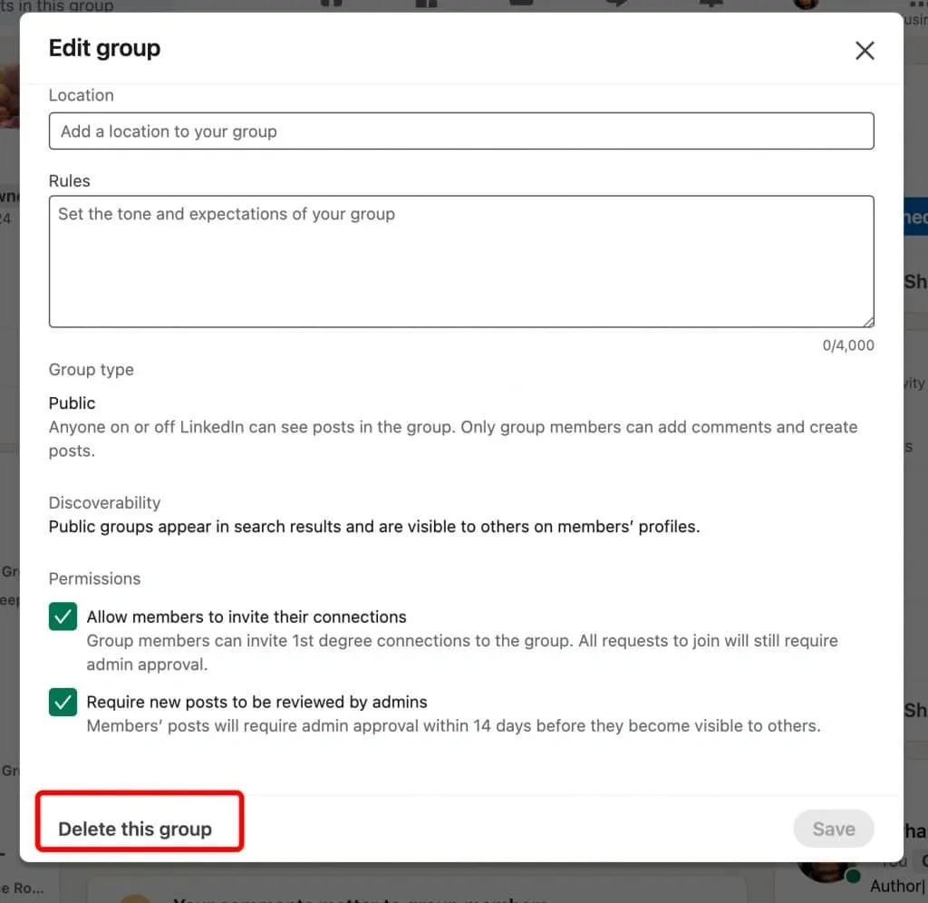 So löschen Sie eine LinkedIn-Gruppe – Screenshot der „Delete Group“-Schaltfläche