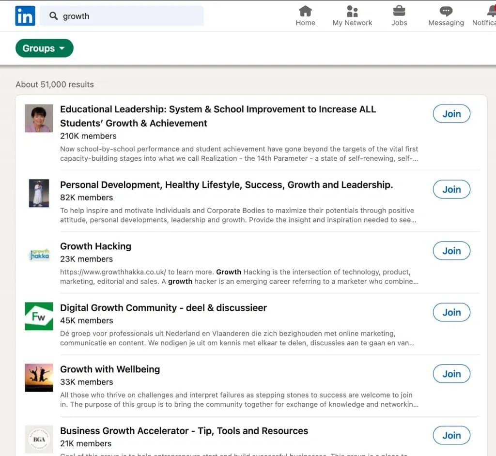 LinkedIn-Gruppen suchen – Screenshot der Gruppensuchseite