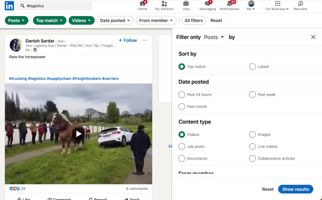 Nach Inhaltstyp gefilterte LinkedIn-Inhalte zur Analyse von Hashtags