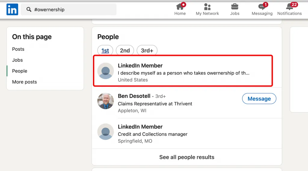Mit Hashtags gefilterte Ergebnisse der LinkedIn-Personensuche