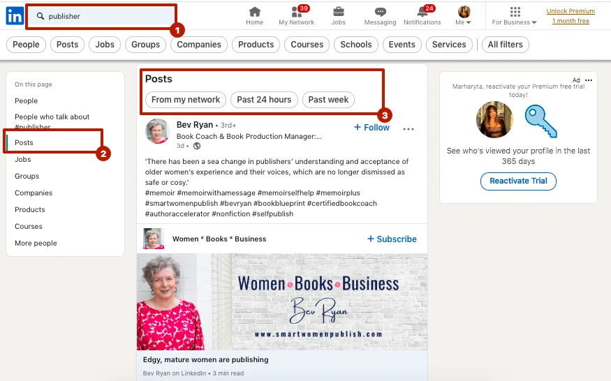 Nach Veröffentlichungszeit sortierte LinkedIn-Beiträge mit aktuellen Hashtags
