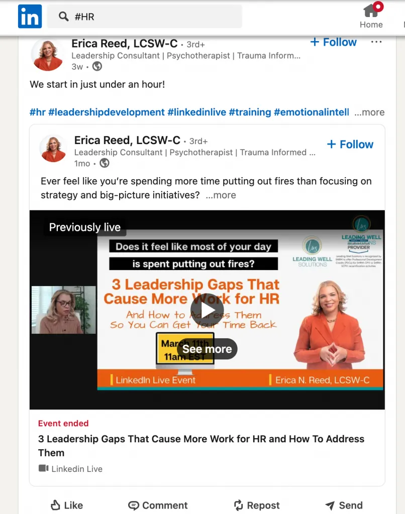 Gefilterte LinkedIn-Suche nach aktuellen Live-Sessions mit Hashtags