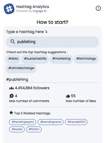Engage AI-Erweiterung mit Statistiken zu Follower-Zahlen und Interaktion beliebter LinkedIn-Hashtags