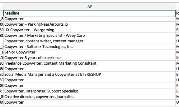 Exemples de titres LinkedIn dans un fichier Excel obtenu avec Linked Helper