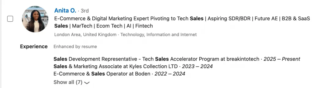 Titre de profil LinkedIn dans la vente