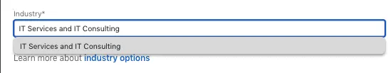 Beispiel für die Auswahl einer Branche auf LinkedIn mit einer Dropdown-Liste für IT-Dienstleistungen