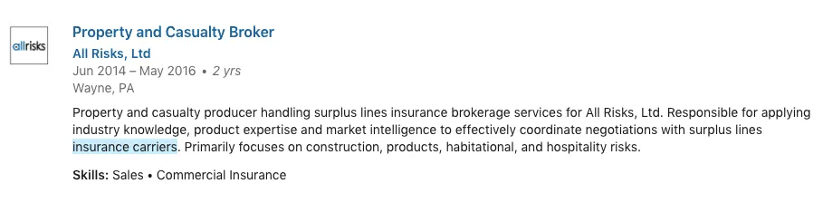 Das Schlüsselwort „insurance carriers“ ist im Text hervorgehoben.