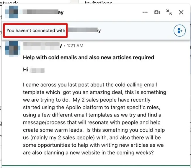 Ejemplo de mensaje de LinkedIn InMail.