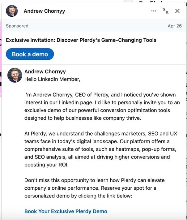 Ejemplo de LinkedIn Message Ads